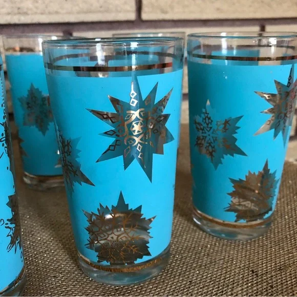 60's Aqua/Gold Starburst Glasses - 8 - Tumblers - Highballs - Barware -Glassware - Picture 10 of 14